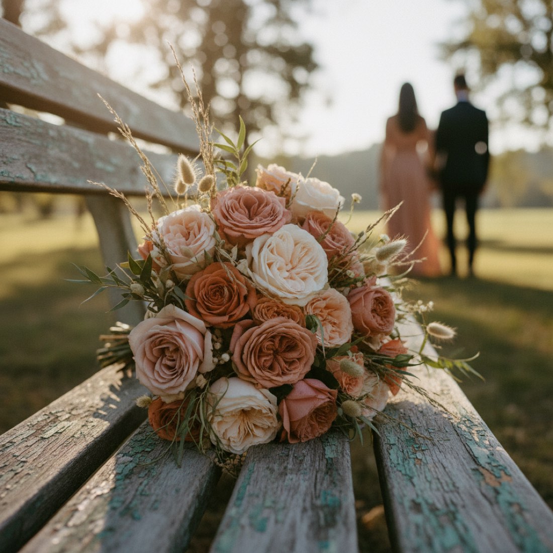 A loose bouquet of garden roses laid on a weathered bench