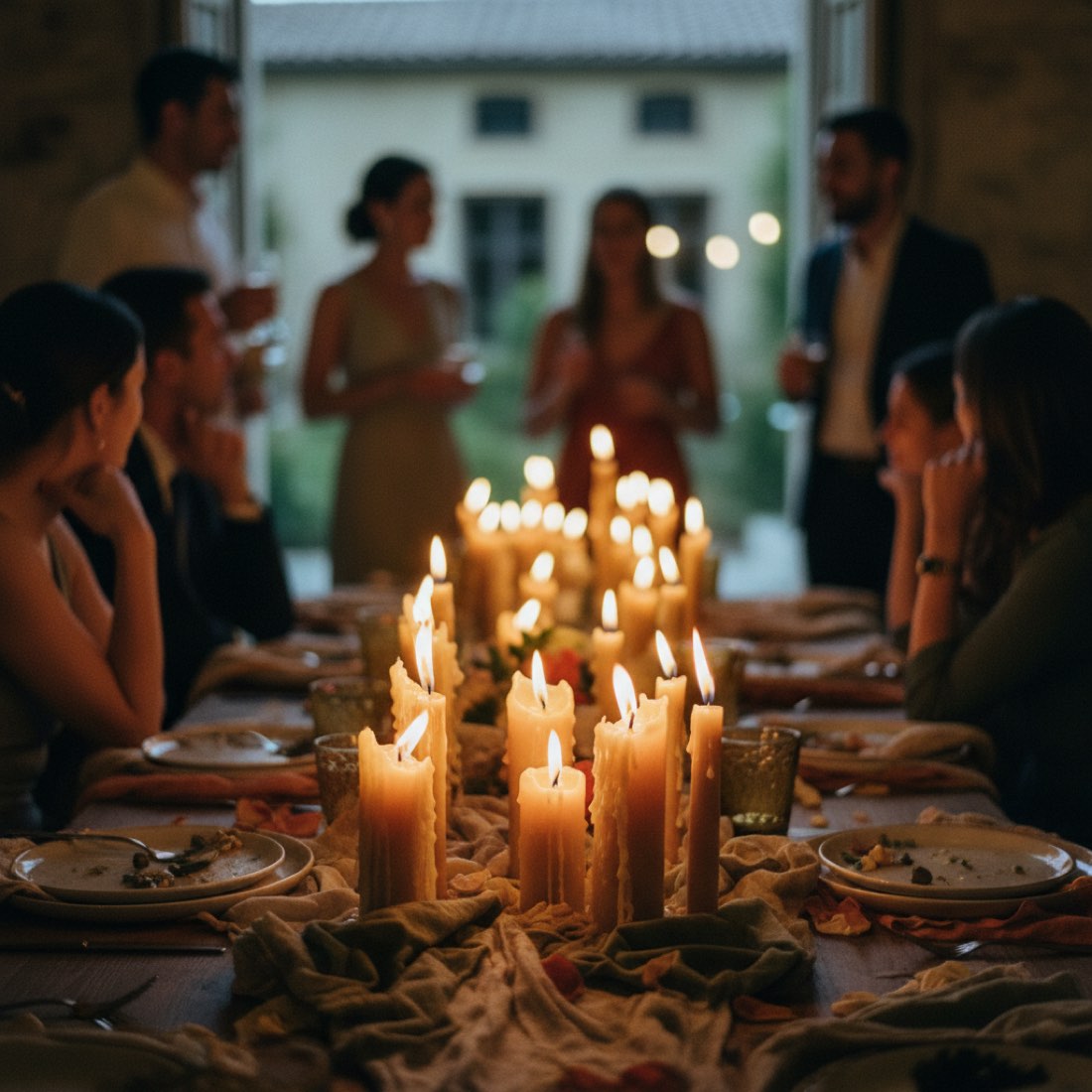 Beeswax candles burning low on a long dinner table