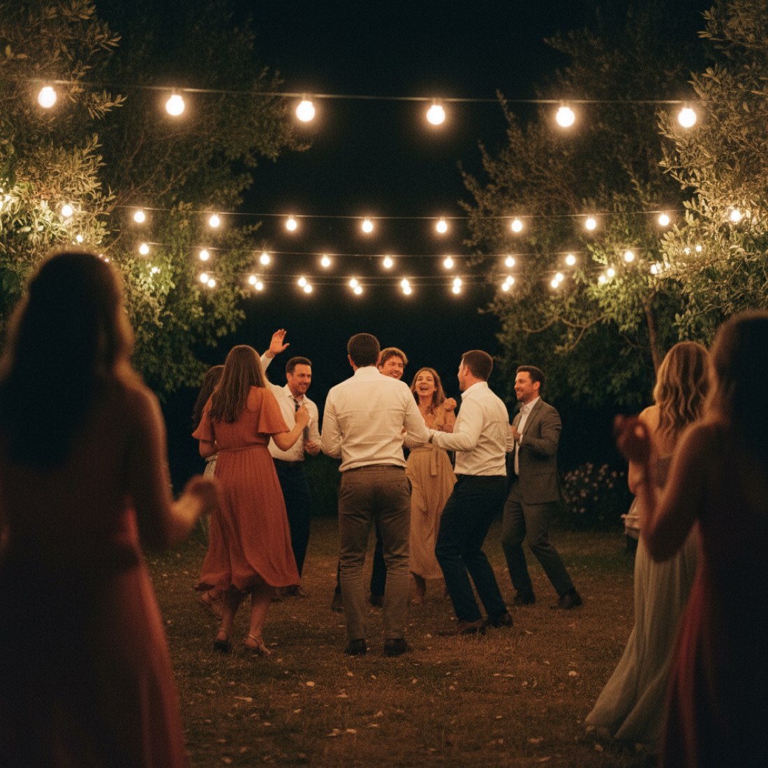 Guests dancing under string lights at night