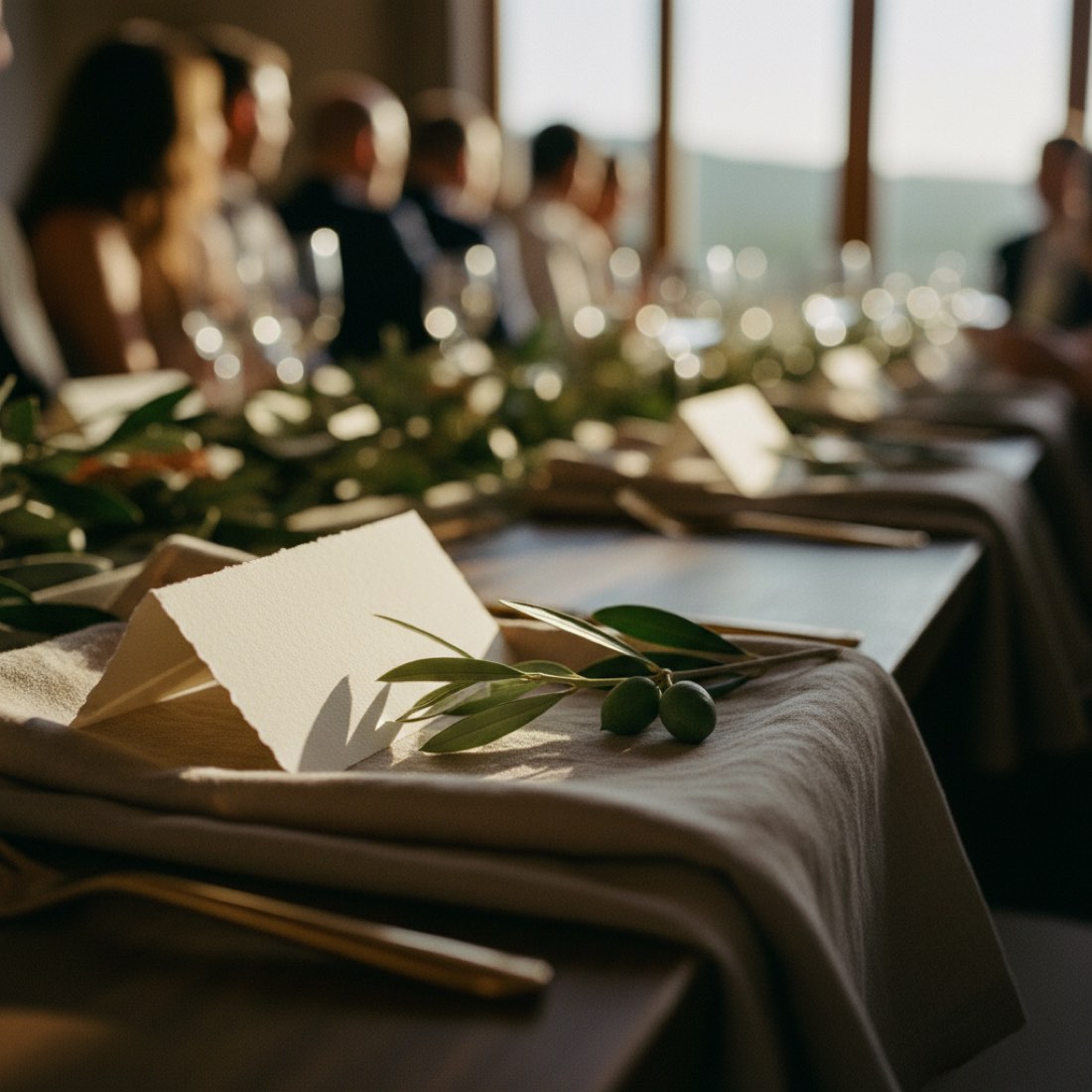 A letterpress place card and a sprig of olive on a linen napkin
