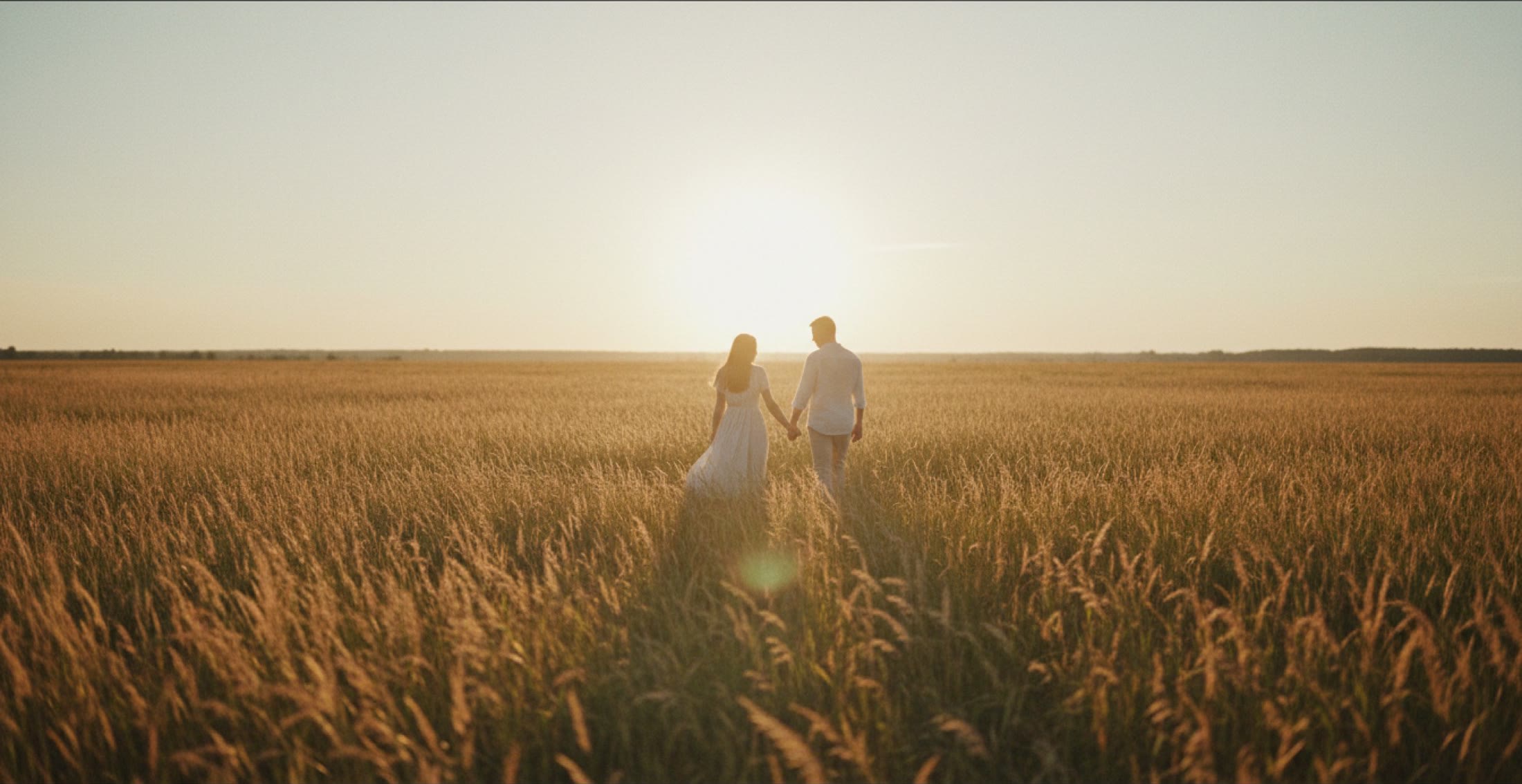 A couple walking hand in hand through long summer grass at sunset