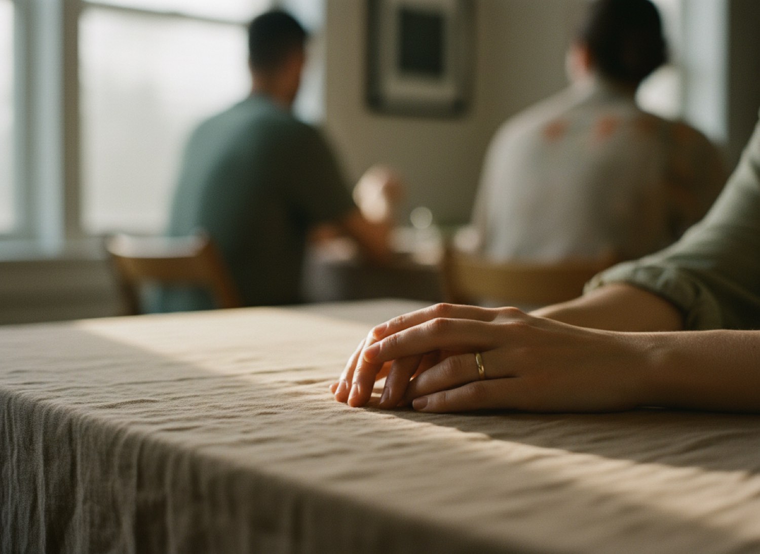 Two hands resting together on a linen tablecloth, a gold band catching the light