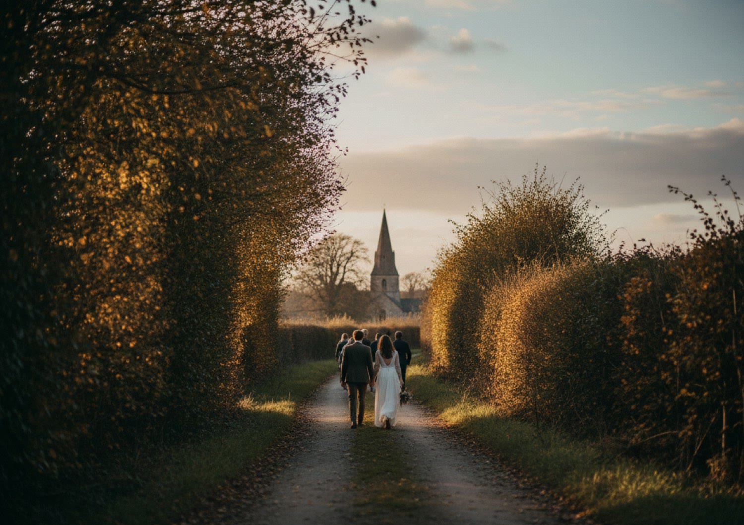 A narrow country lane between hedgerows in evening light