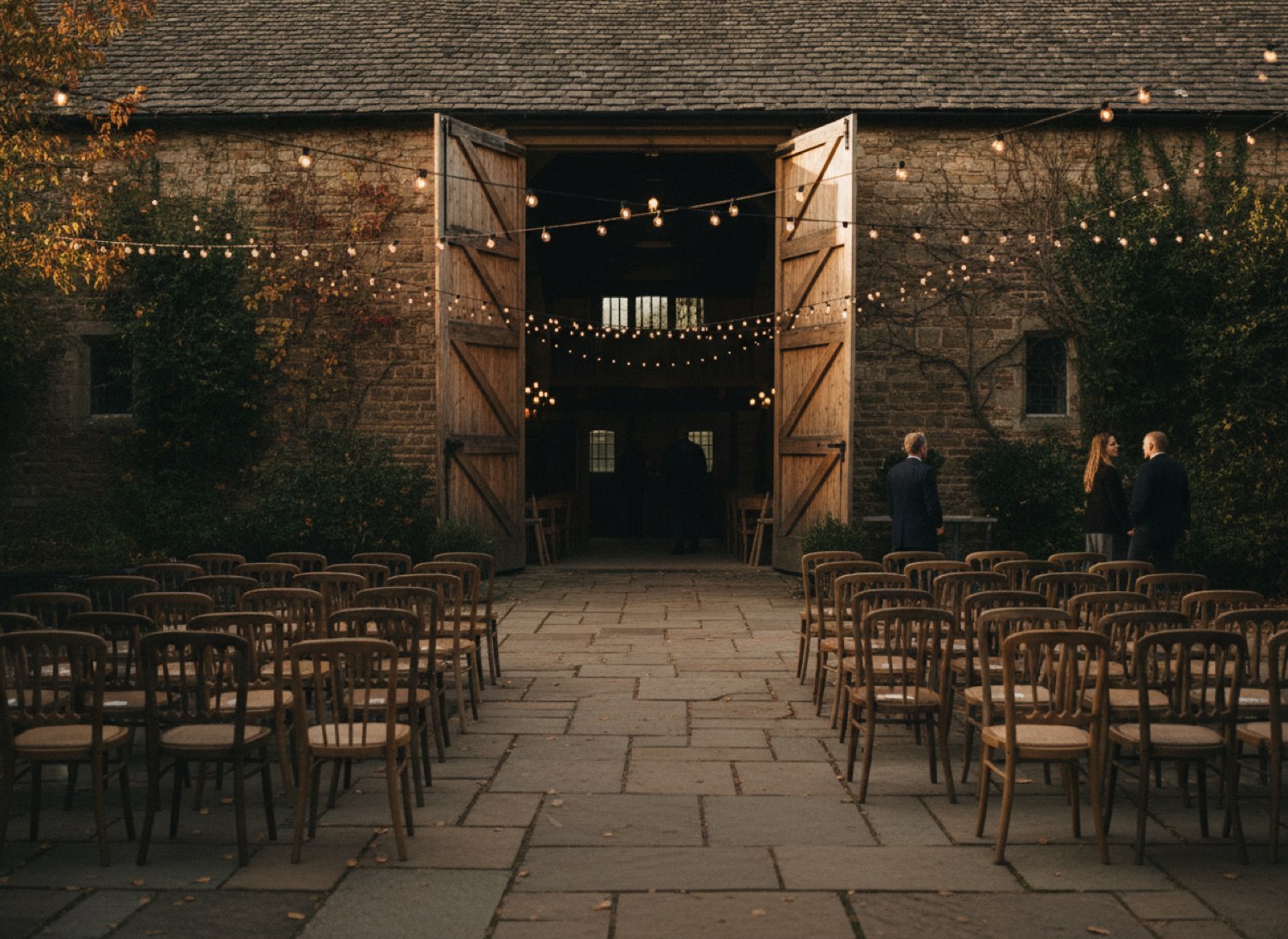 An old stone barn at dusk with festoon lights strung across the courtyard